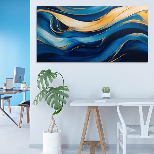 Toile murale dorée et bleue abstraite pour sublimer le design d'un salon chic