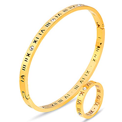 Fashion Stainless Steel Jewelry Set-CZ Roman Numeral Ring And Braceletfor Women Girls (Gold, 7)