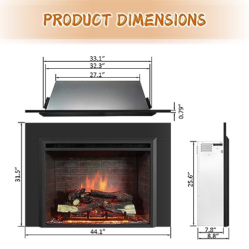 Image of PuraFlame Western 33 inch Electric Fireplace Insert with Trim Kit, Fire Crackling Sound, Resin Log, Remote Control, 750 /1500W Heater, Black