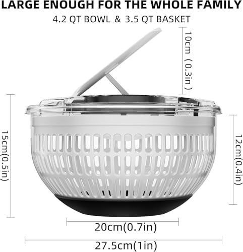 Stainless Steel Salad Spinner, Easy Press Large Vegetable Dryer Washer, 4.2Qt Fruit Washer with 304 Stainless Steel Bowl for Lettuce, Vegetable, Herbs, Berries (QE1) - Image 3
