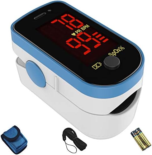 CHOICEMMED Sky Blue Finger Pulse Oximeter - Blood Oxygen Saturation Monitor - SPO2 Pulse Oximeter - Portable Oxygen Sensor with Included Batteries - O2 Saturation Monitor with Carry Pouch