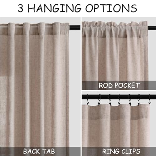 Image of Oatmeal Linen Curtains 84 Inches Long for Bedroom Back Tab Light Filtering Privacy Semi Sheer Curtains Modern Farmhouse Decor Oatmeal Cotton Textured Curtain for Living Room 2 Panels Set 52x84