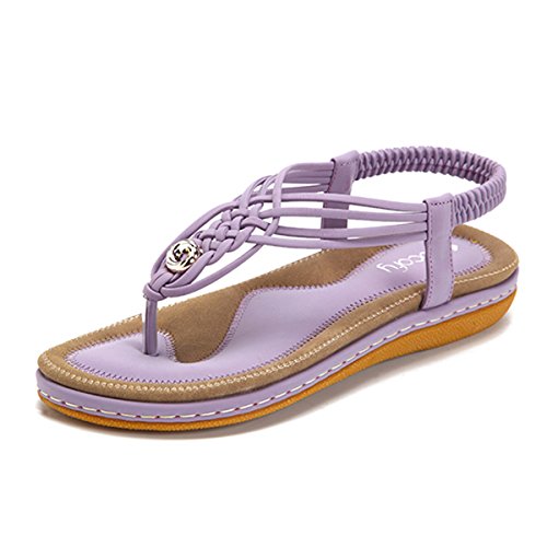 gracosy Summer Sandals for Women, Flat Sandals Flip Flops Thongs Clip Toe Slip On Elastic T-Strap Bohemia Beach Slippers Purple 8.5 M US