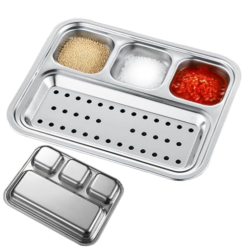 Platos de cena divididos, cuenco dividido de acero inoxidable para salsas, platos de superficies resistentes al , de aperitivos de 4 compartimentos, aperitivos para barbacoa, platos para