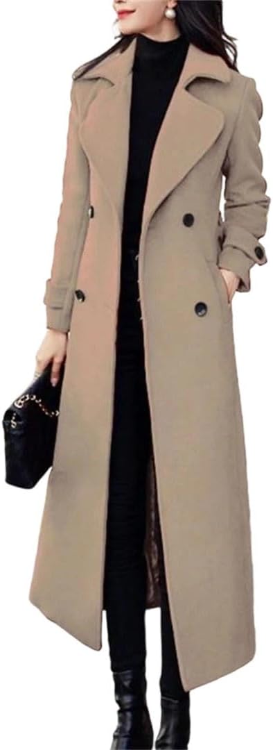 Women's Winter Solid Color Korean Style Double-Breasted Long Thickened Wool Coat