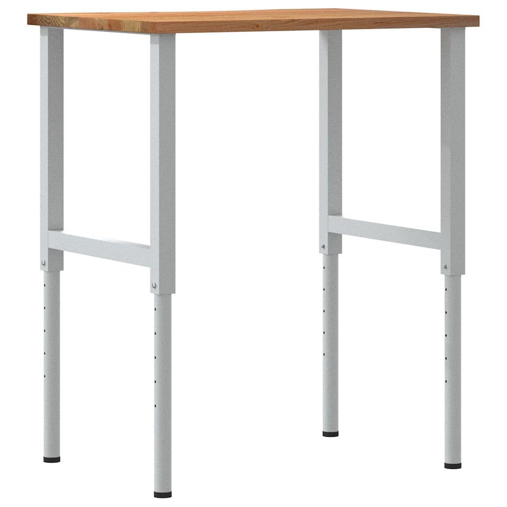 Banco de trabajo marrón claro de madera de roble maciza, 80 x 60 x (71,5 – 98) cm con estructura de metal pulverizado, altura regulable para taller, garaje, sala de ocio y bricolaje