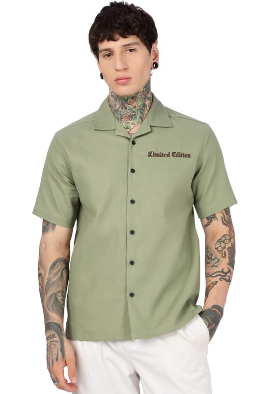 eszett Limited Edition Embroidery Cotton Cuban Shirt | Half Sleeve | Cuban Collar | Green (ECLIMED-$P)-picture-11