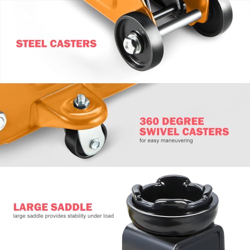 Image of PM PERFORMOTOR Low Profile Hydraulic Trolley Service /Floor Jack, 1.5 Ton (3000 lbs) Capacity, Lifting Range 5.3 inch-12 inch,Orange,PM-TOL-FJ15-OG