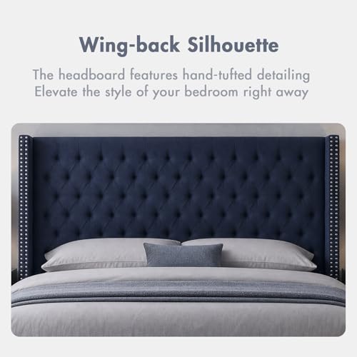 Image of Madison Park King Wingback Upholstered Tufted Headboard, Featuring High-Density Sponge Padding, Adjustable Height Headboard, Easy Assembly, Navy