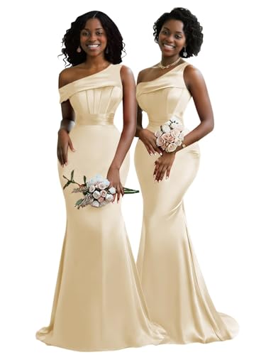 Mermaid One Shoulder Bridesmaid Dresses for Wedding Satin Pleated Long Corset Formal Evening Prom Dress