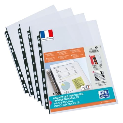 OXFORD Sachet de 20 Pochettes Perforées Usage Intensif A4 Polypro Lisse Epaisseur 12/100ème Incolore