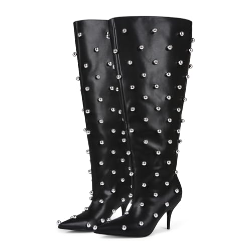 Wide Calf Boots for Women 3.4 Inch Stiletto Heels Knee High Pointed Toe Studded Black Pull On Fashion Tall Boots Y2K Style Comfortable