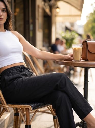 Image of THUMBA Women's Cotton Linen Wide Leg Pants | Elastic Waist Relaxed Fit Trousers | Breathable Summer Palazzo Pant with Pockets| Casual Office Travel Wear