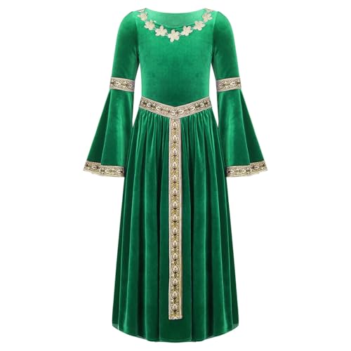 JIZYO Enfant Fille Tenue Médiéval Renaissance Robe Princesse Costume Manches Longues Halloween Carnaval Vert 11-12 ans