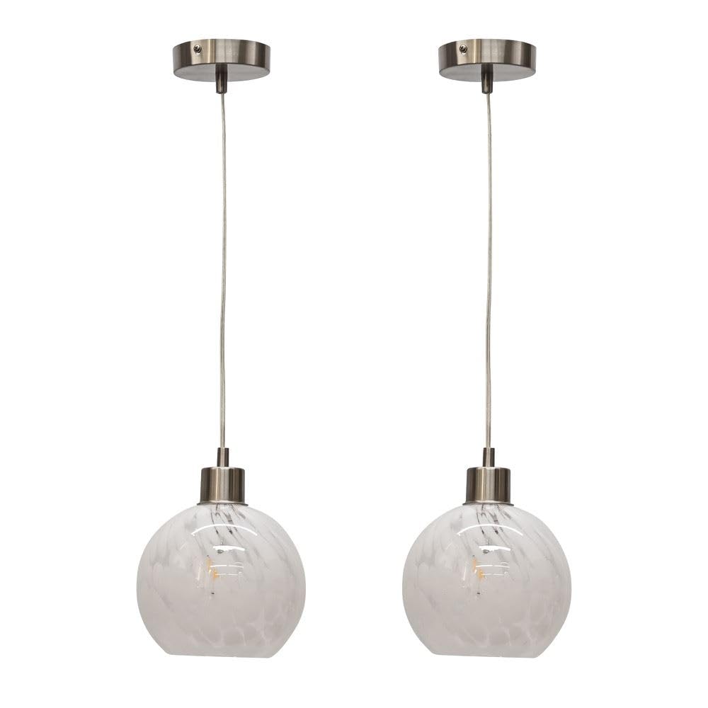 Firstchoicelighting Satin Nickel & White Set Of 2 Confetti Glass Globe Ceiling Light Pendants With Satin Nickel Details And Clear Cable, Height Adjustable 23-130Cm, Kitchen Island Dining Lighting