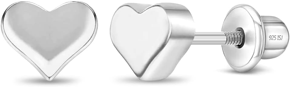 925 Sterling Silver Tiny 5mm x 5mm Heart Shaped Screw Back Locking Earrings for Babies and Toddler Girls, Formal and Casual Wear for Daily Use