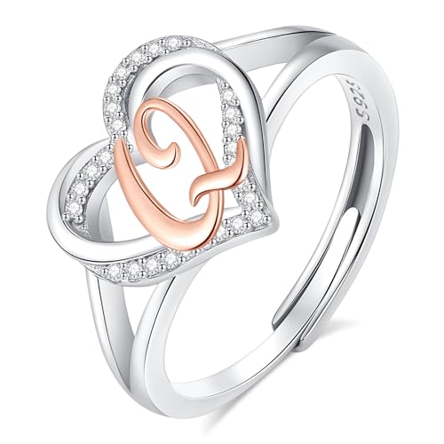 Bague argent 925 femme initiale cœur lettre réglable pour jeune fille