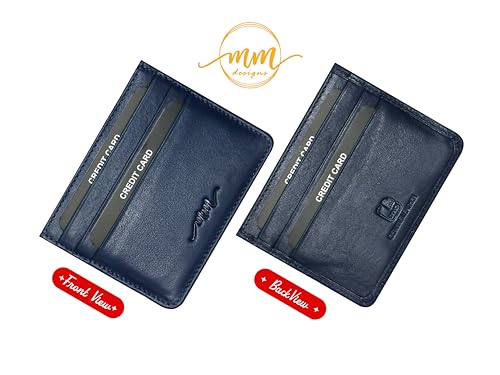 Image of MM Designs Slim and Compact Leather Credit Card Holder for Men and Women | Genuine Leather RFID Blocking Protection | Minimalist Card Wallet with 6 Card Slots (Navy Blue)