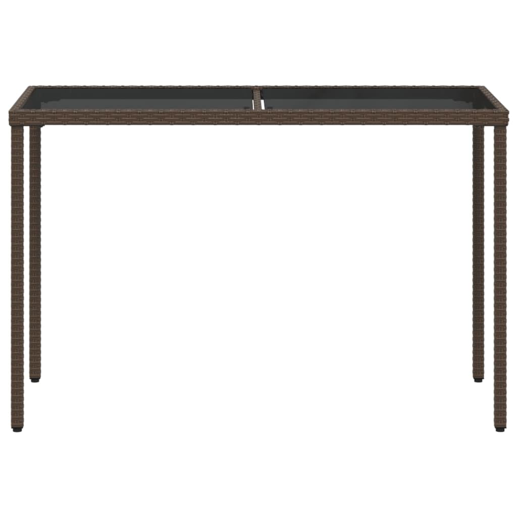 Poly Rattan stół ogrodowy ze szklanym blatem, brązowy, 115 x 54 x 74 cm, na taras i do ogrodu, malowana proszkowo rama stalowa