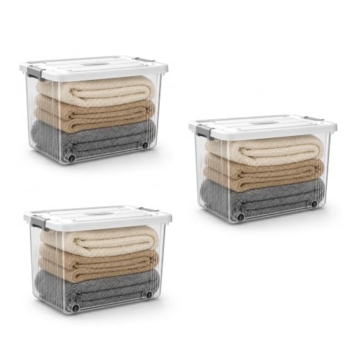 Image of KREPS Plastic Storage Bins With Latching Lids Stackable Containers, Large Storage Box For Bedroom, Basement, Classroom, Camping, Office (TRANSPARENT, 2X-LARGE - 20 X 14.5 X 12 INCH, PACK OF - 3)
