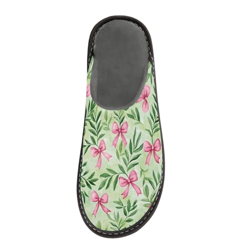 Slippers for Women Pink Bow Green Leaf Pattern Soft Winter Warm Shoes Indoor Outdoor Non-Slip House Travel Slippers3