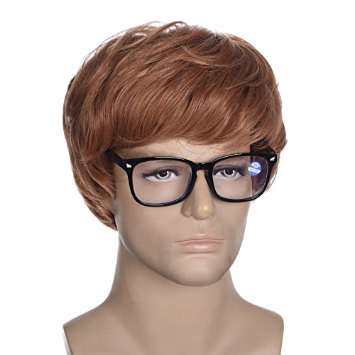 Short Mens Brown Wig Short Curly Mens 60s and 70s Cosplay Halloween Costume Shaggy Male Wig and Glasses(Bronze)