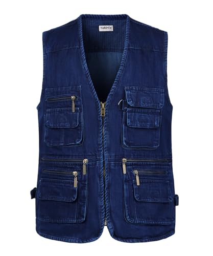 Yukirtiq Hombres Chaleco de Pesca Senderismo Chaleco Tipo Safari de Fotografía Viajes Bolsillos Chaquetas sin Mangas para Trabajo Chaleco de Caza, Vaquero Azul, M