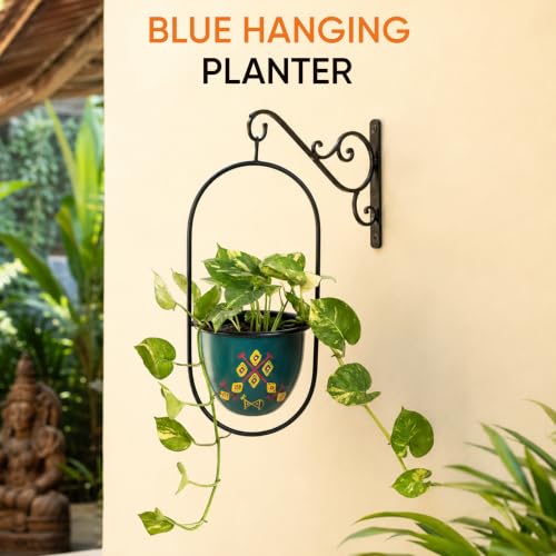 Image of AAKRITI ART CREATIONS Metal Hanging Planter | Handpainted Planter, Modern Art, Blue Glossy Finish | Outdoor & Indoor Home Decor Items | Room Decoration Artifacts, Flower Pots for Living Room