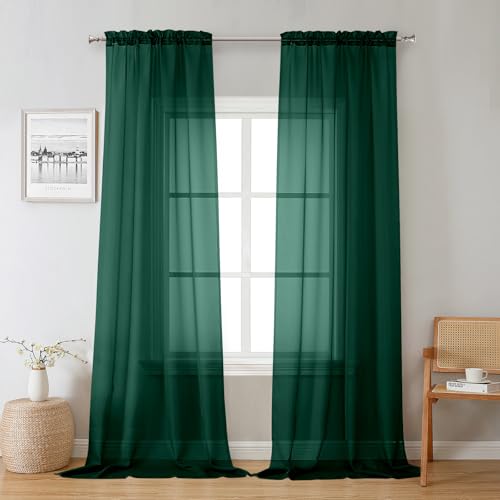 Lecloud Hunter Green Sheer Curtains 96 Inches Long 2 Panels,