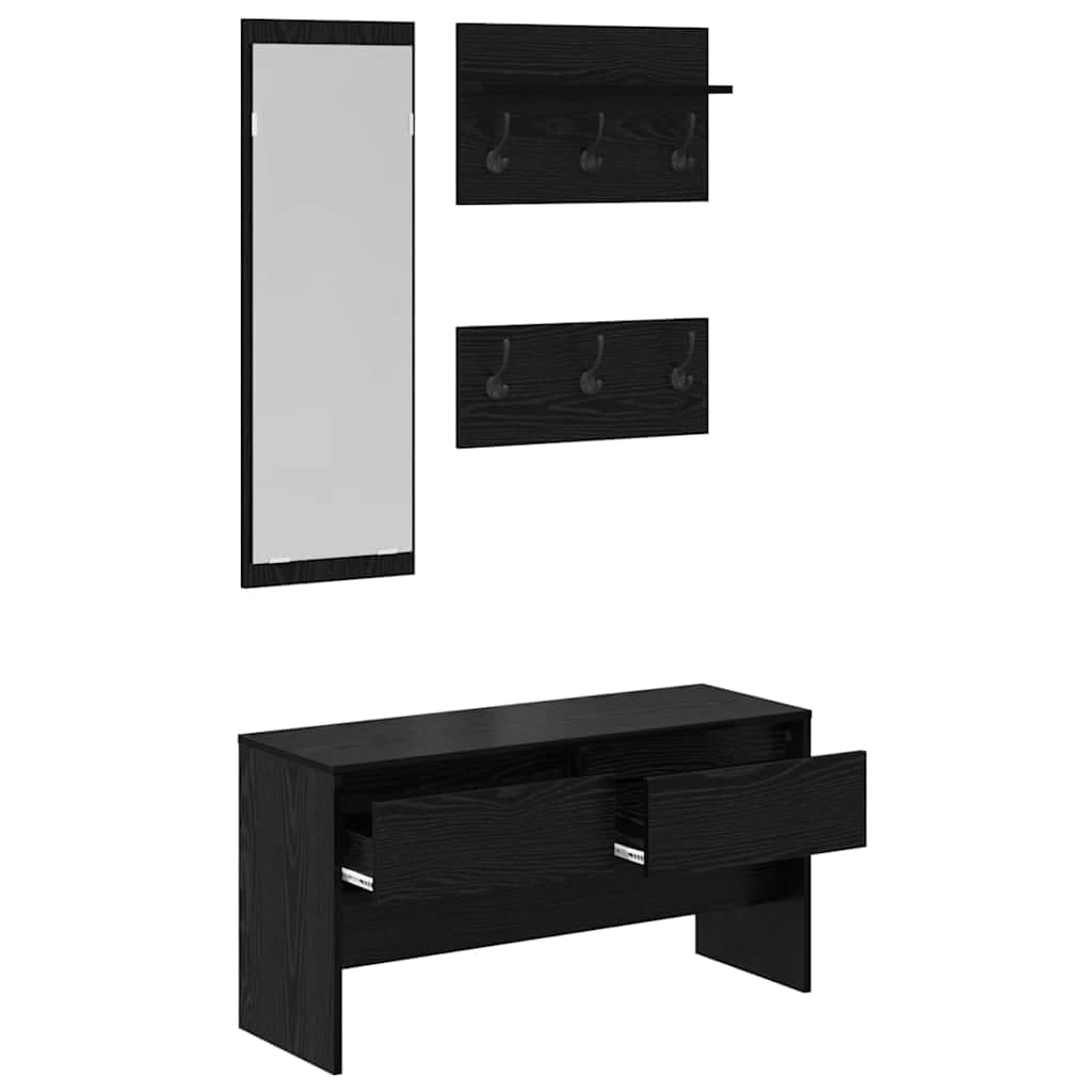 Hothingwell Möbelset für Eingangsbereich, 4-teilig, Eiche, Schwarz, Holz, Ingenieurwesen | Sitzbank mit Sitz, Spiegel, Acryl, Integralgarderobe, Pflege mit feuchtem Tuch