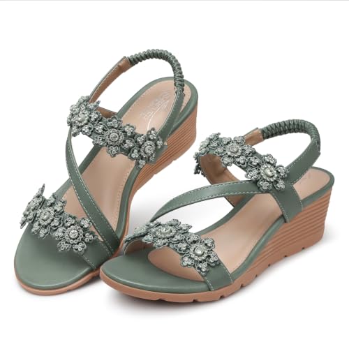 Image of SHIBEVER Womens Wedge Sandals: Well-Cushioned and Support for Comfortable | Low heel, Adjustable Back Strap, Flower, Open Toe Dress Platform Strappy Shoes for Dressy and Casual Summer Size 5-11