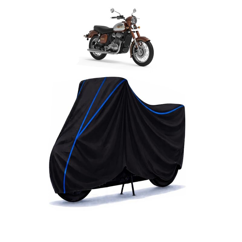 Image of Jawa 350 Bike Cover Water Resistant Universal Motorcycle Rain | Heavy Duty UV Protection, Dust, Scratch Indoor Outdoor All Weather with Black Blue Piping Elastic