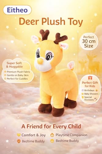 Image of EITHEO Deer Stuffed Plush Soft Toy 30 cm, Cute Teddy Bear Style Animal for Kids Boys Girls, Baby Soft Toys Gift for Birthday, Baby Shower & Special Occasions (Yellow)