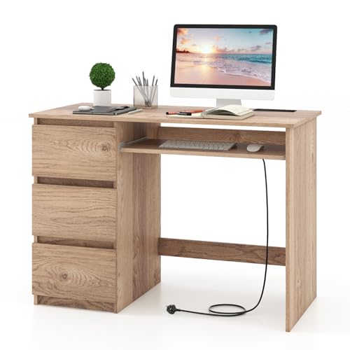 SFAREST Wooden Computer Desk, 106 x 50cm Large Laptop Table with 3 Drawers, Keyboard Tray, Type-C & USB Ports and 150cm Power Cord, Home Office Workstation Desk for Gaming Studying Working