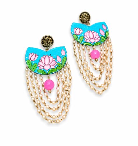 Image of KHOJ.CITY Ethnic Earrings for Women | Lightweight, Hand-Painted Chandbali with Pearl Chain | Handmade Jewellery for Women | Boho Earrings For Girls