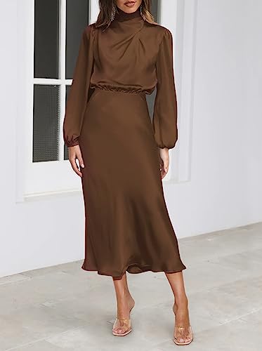 Pink Queen Women's Elegant Long Sleeve Satin Dress Mock Neck Elastic Waist Cocktail Party Wedding Guest Midi Dresses4