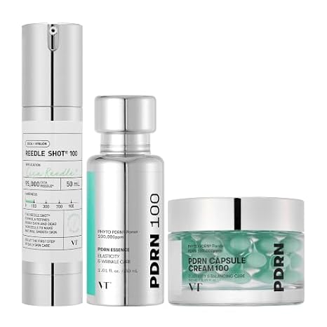 VT COSMETICS Reedle Shot & PDRN Skincare Trio for Glass, Smoother-Looking Skin: Reedle Shot 100 Serum, PDRN 100 Essence & PDRN Capsule Cream, Glow Routine, Korean Skincare, Gift Set, Mother's Day