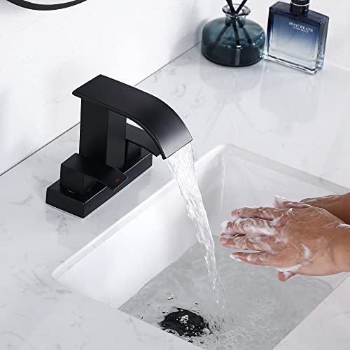 Matte Black 2-Handle Waterfall Bathroom Faucet - 4 Inch Centerset Sink Faucet, 3 Hole Widespread Bathroom Sink Faucet, Lavatory Vanity Faucet With Supply, Stainless Steel Washbasin Faucet #TOP5
