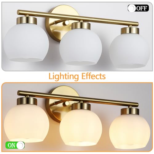 Image of 3 Light Bathroom Vanity Light, 20 inch Brushed Gold Bathroom Light Fixtures Over Mirror with Milky White Glass Globe Shade, Mid Century Modern Brass Wall Sconces, E26 Socket