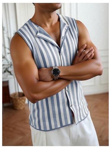 Men's Striped Sweater Tank Tops Button Down Lapel V Neck Sleeveless Knit Tops4