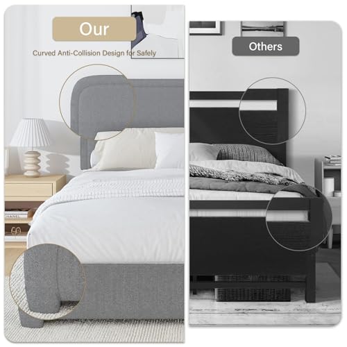 Image of BarnFurin Twin Size Bed Frame, Boucle Upholstered Platform Bed Frame with Headboard, Soft Rounded Corners, No Box Spring Required, Non-Slip and Noise-Free, Easy Assembly, Light Grey