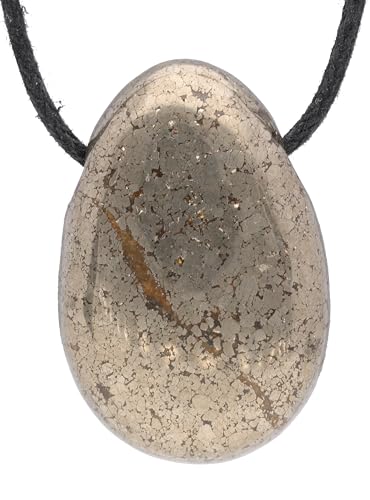 Lebensquelle Plus Tropfen Anhänger mit Baumwollband + Edelsteinkarte | Set-Angebot Echter Edelsteinanhänger | Gebohrter Trommelstein Tropfenanhänger (Pyrit)