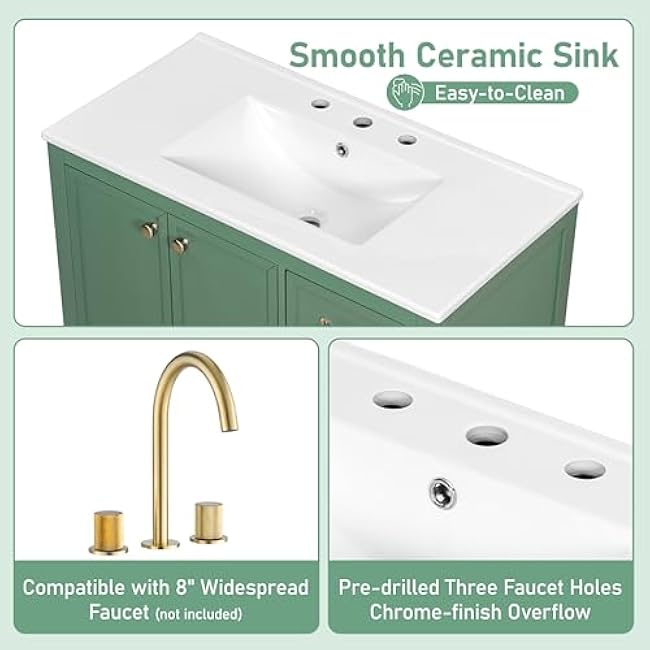 36 Inch Bathroom Vanity with Sink Set Freestanding Combo Unit with Ceramic Basin with Storage 4 Drawers and 2 Soft Close Doors Transitional Style Green