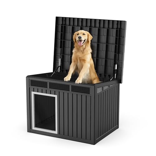 Dog House Indoor Outdoor,Resin Waterproof Puppy Shelter with Air Vents and Elevated Floor,Air Rod on Top to Open,Dog Kennel for Small to Large Dogs(Black,42.87 * 32.95 * 31.61)