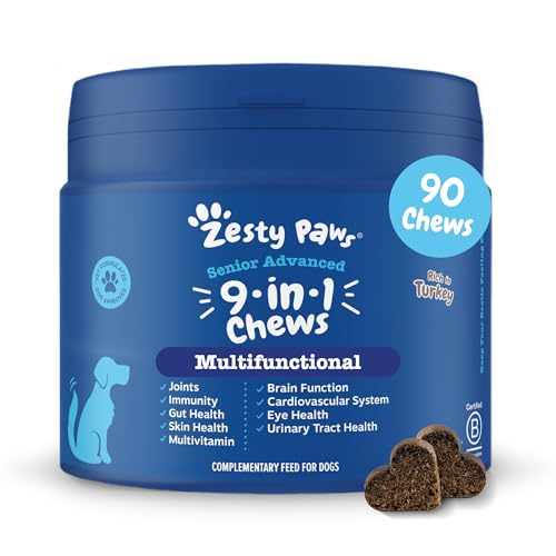 Zesty Paws 9 in 1 Multivitamins for Senior Dogs | Supports Joints Skin Eyes Brain Function Immune System Urinary Tract Heart & Gut Health| Vitamin A B & C Folic Acid Biotin | 90 Chews