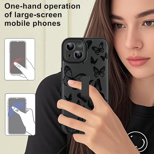 Image of for iPhone 15 Case with Finger Strap Holder, Cute Cool Butterfly Print Pattern Design for Women Men, Shockproof Anti Scratch Hand Kickstand Protective Cover, Gray