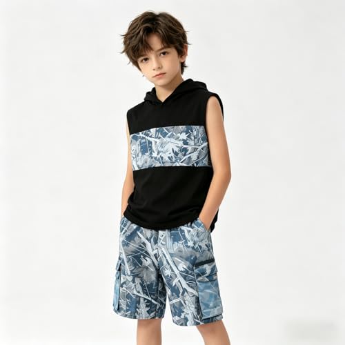 Image of Size 6-12 Years Boys Summer Clothes Hooded Sleeveless Tank Tops Workout Shorts 2 Piece Set Fashion Outfits