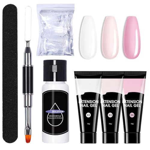 Polygel Nail Kit - 3 Colours Builder Gel for Nails & Gel Extension Nail Kit - Clear Nude Pink Poly Gel Nail Extension Kit for DIY Nail Art - Nail Extension Nail Art Gifts Kits for Women - Easy to Use