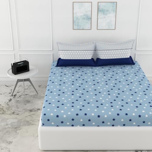 Image of LORETO - A QUALITY LINEN BRAND 144 TC 100% Pure Cotton King Size Fitted Bedsheet with 2 Pillow Covers for 72 x 72 Inch Mattress, All-Around Elastic, 8 Inch Deep Pocket, Nile Blue Stars