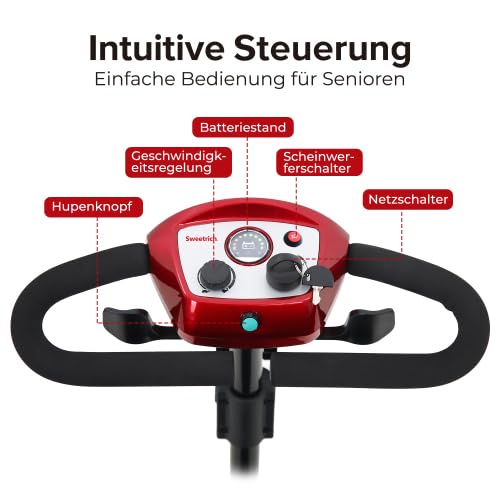 Scooter de movilidad 6 km/h para mayores, 4 ruedas, motor 300 W, carga 136 kg, batería extraíble, asiento 360°, luz LED, rojo
